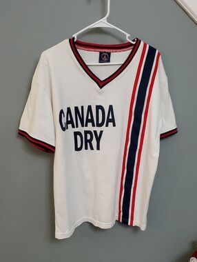 PSG Canada Dry Men's White V-Neck Graphic Tee with Red & Navy Stripes (sz L)